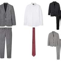 Férfi öltöny, készleten lévő öltöny szett 2 darab, 4 darabos szett, kabát, nadrág, ing, nyakkendő mix